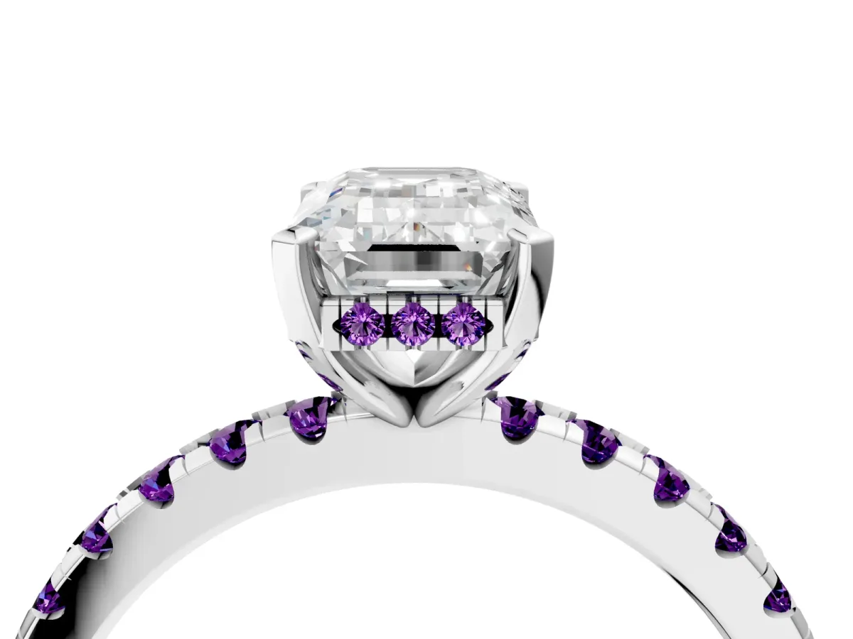 Emerald Cut Diamond Solitaire Ring with Round Amethyst Pavé Band and Four-Prong Setting Silver