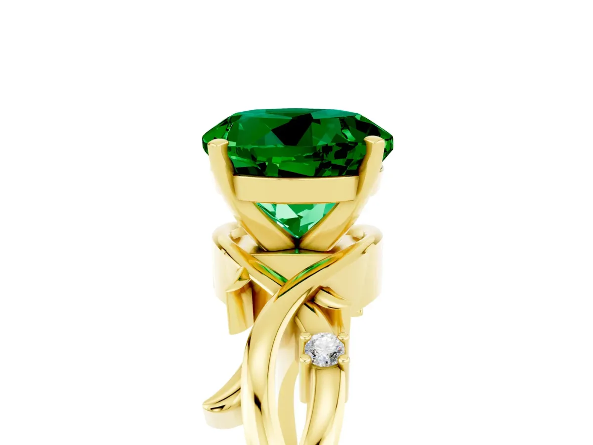 Round Cut Emerald Solitaire Ring with Twisted Band and Prong Setting Yellow gold