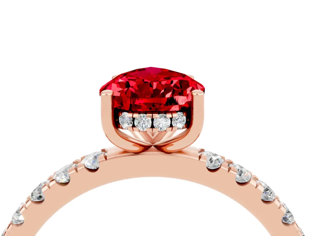 Pear Cut Ruby Pave Band Solitaire Ring with Round and Prong Setting Rose gold