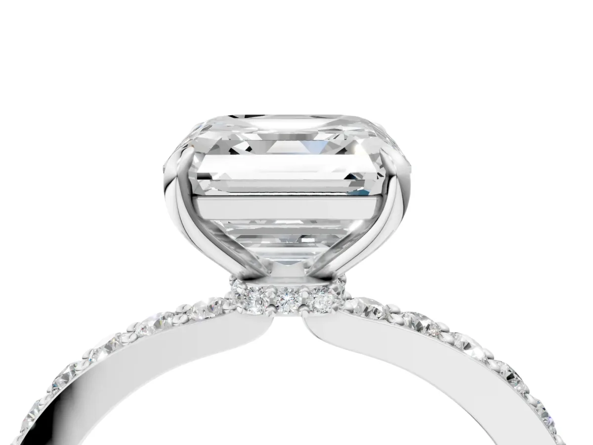 Asscher Cut Diamond Solitaire Engagement Ring with Pavé Band and Four-Prong Setting Silver