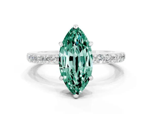 Marquise Cut Green Sapphire Solitaire Engagement Ring with Pavé Band and Four-Prong Setting Platinum