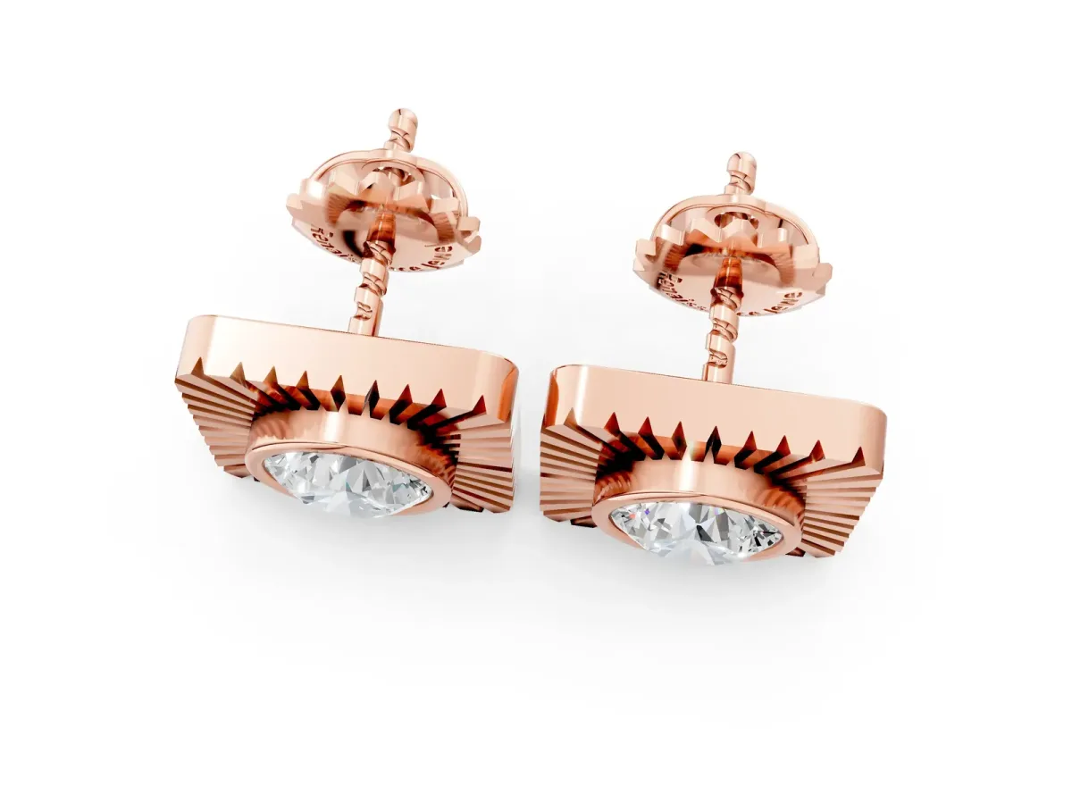 Round Diamond Sunburst Square Stud Earrings Rose gold