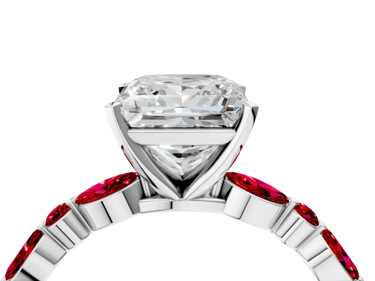 Princess Cut Diamond Ring with Marquise and Round Ruby Side Stones and Four-Prong Setting White gold