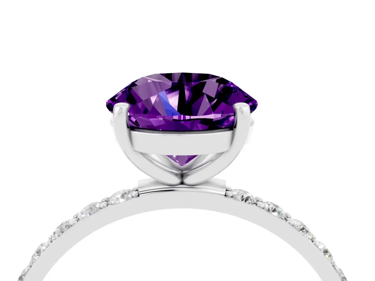 Round Cut Amethyst Solitaire Ring with Round Pavé Band and Prong Setting Silver