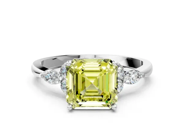 Fancy Yellow Asscher Cut Brilliant Diamond Solitaire Ring with Pear Side Stones and Four-Prong Setting Platinum