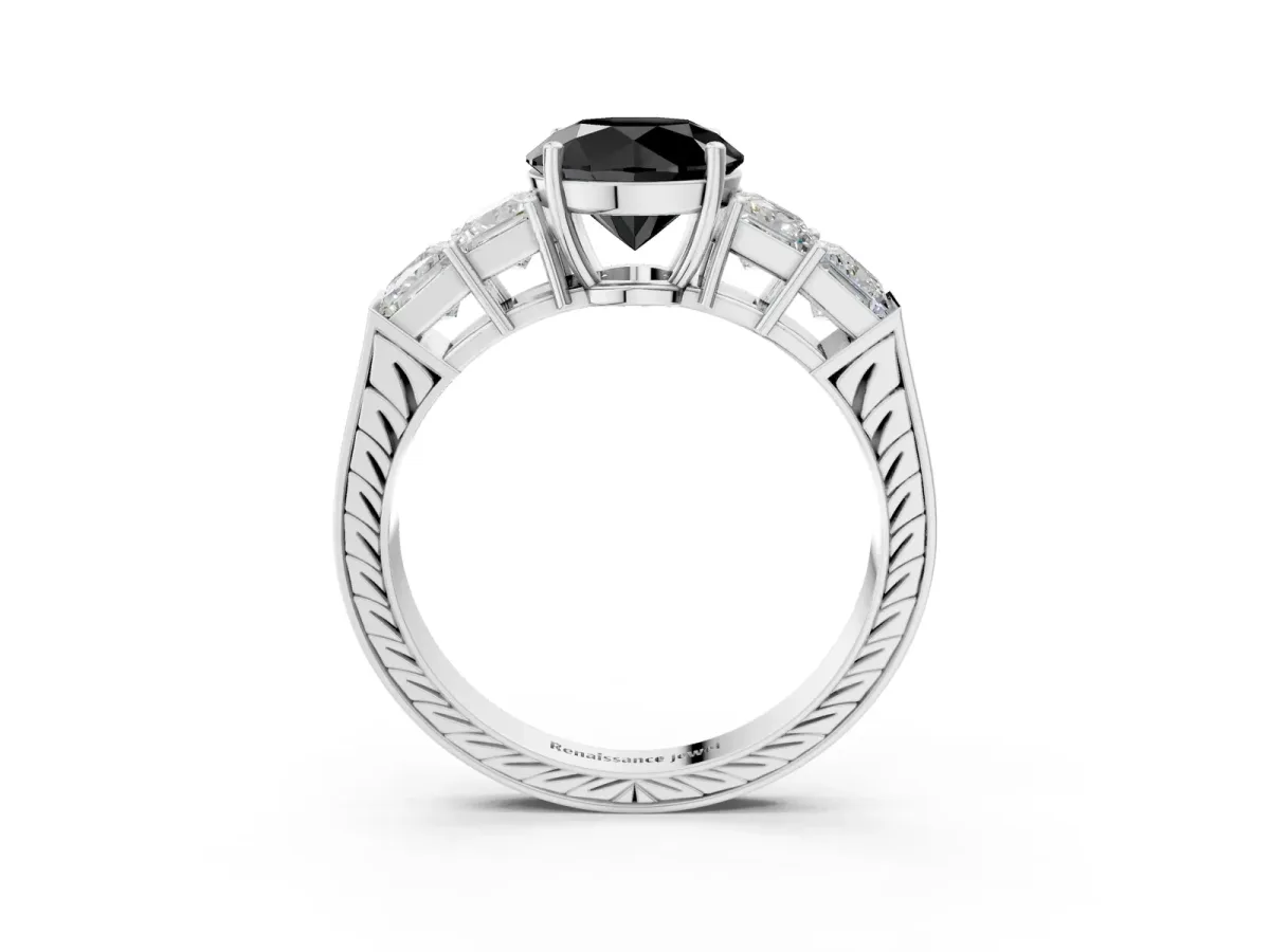 Fancy Black Round Cut Solitaire Princess Side Stone Engraved Band Prong Setting Ring Silver