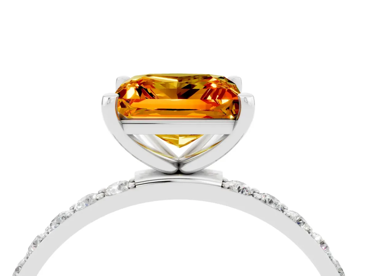 Princess Cut Citrine Solitaire Ring with Round Pavé Band and Prong Setting Silver