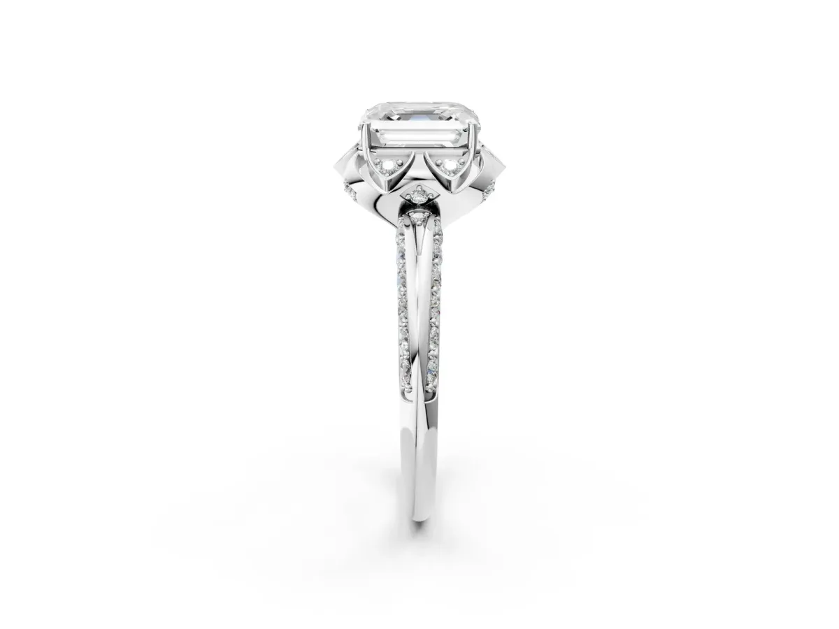 Asscher Cut Halo Split Shank Pave Diamond Ring with Petal Prong Setting Platinum
