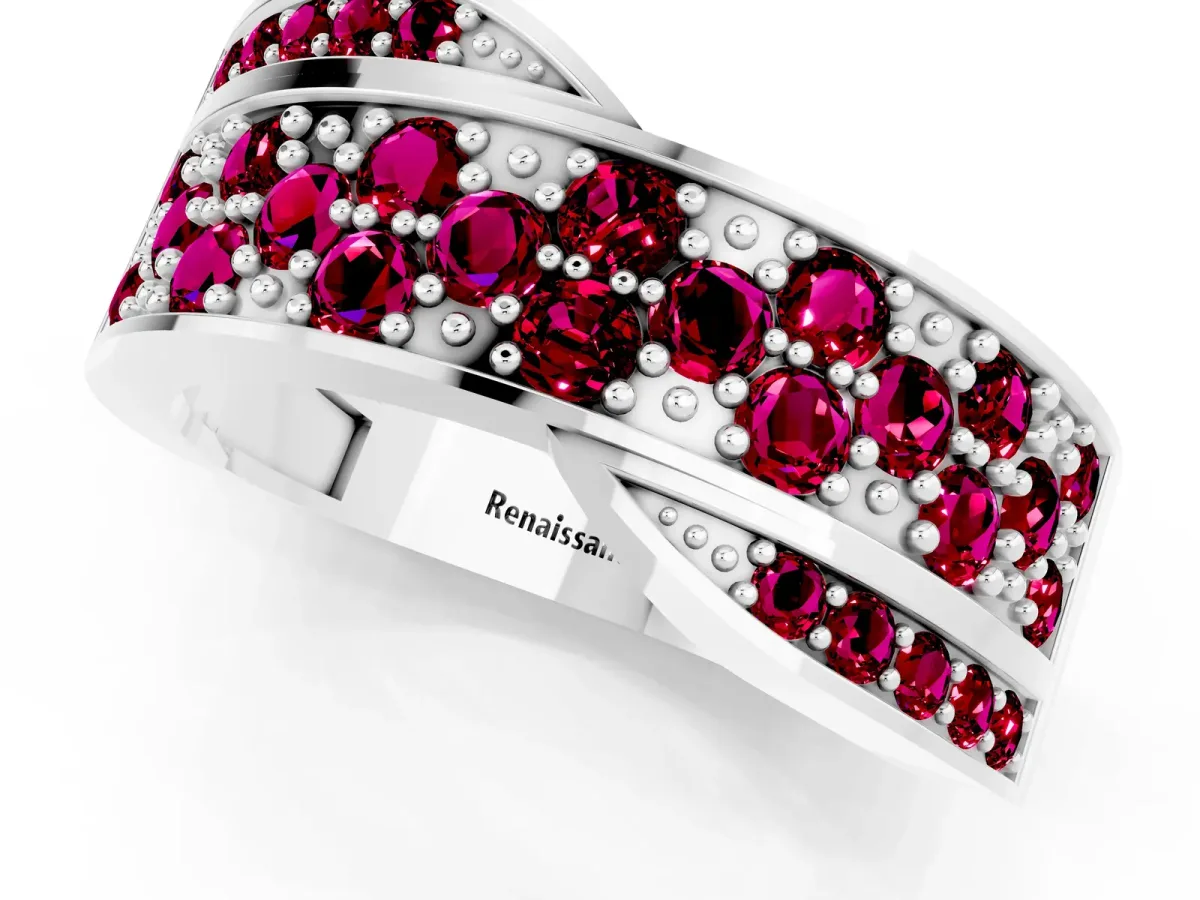 Pavé Round Garnet Crossover Band with Bead Prong Setting Silver
