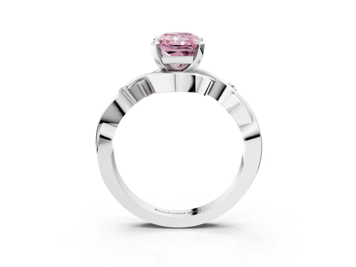 Fancy Pink Radiant Cut Diamond Solitaire Ring with Twisted Band and Prong Setting Platinum