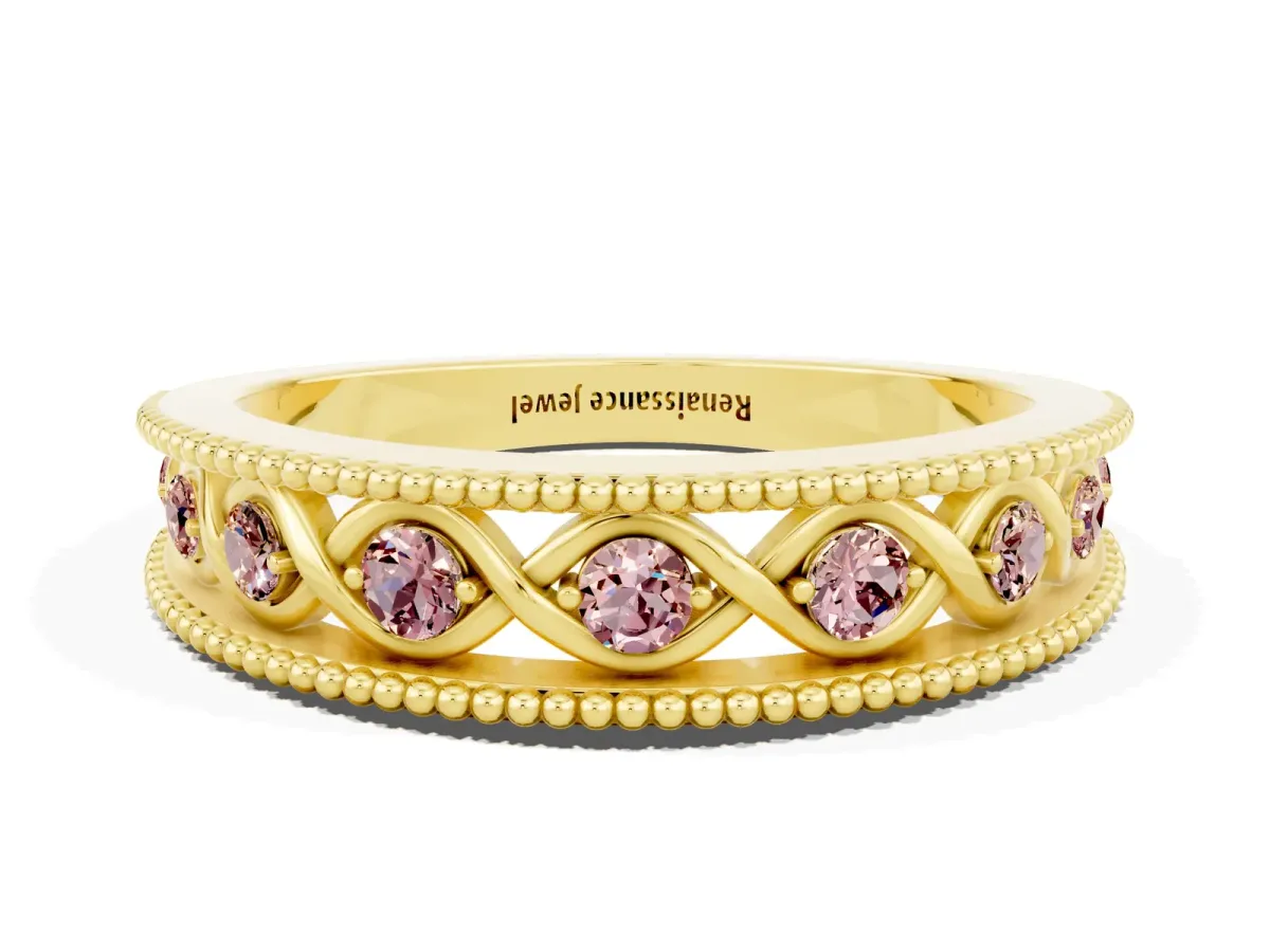Round Morganite Twist Milgrain Band with Bezel Setting Yellow gold