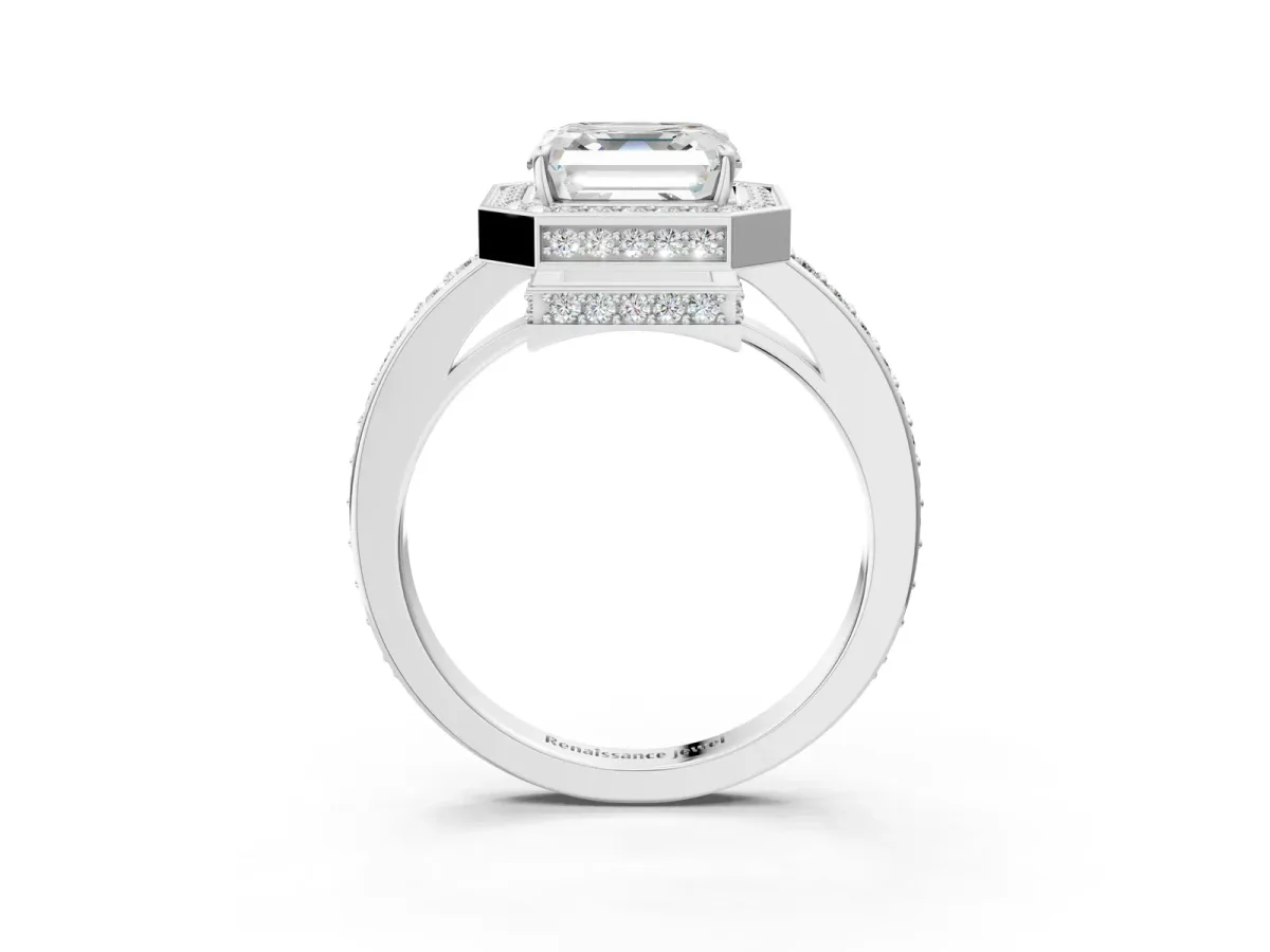 Asscher Cut Halo Pave Band Solitaire Ring with Prong Setting Platinum