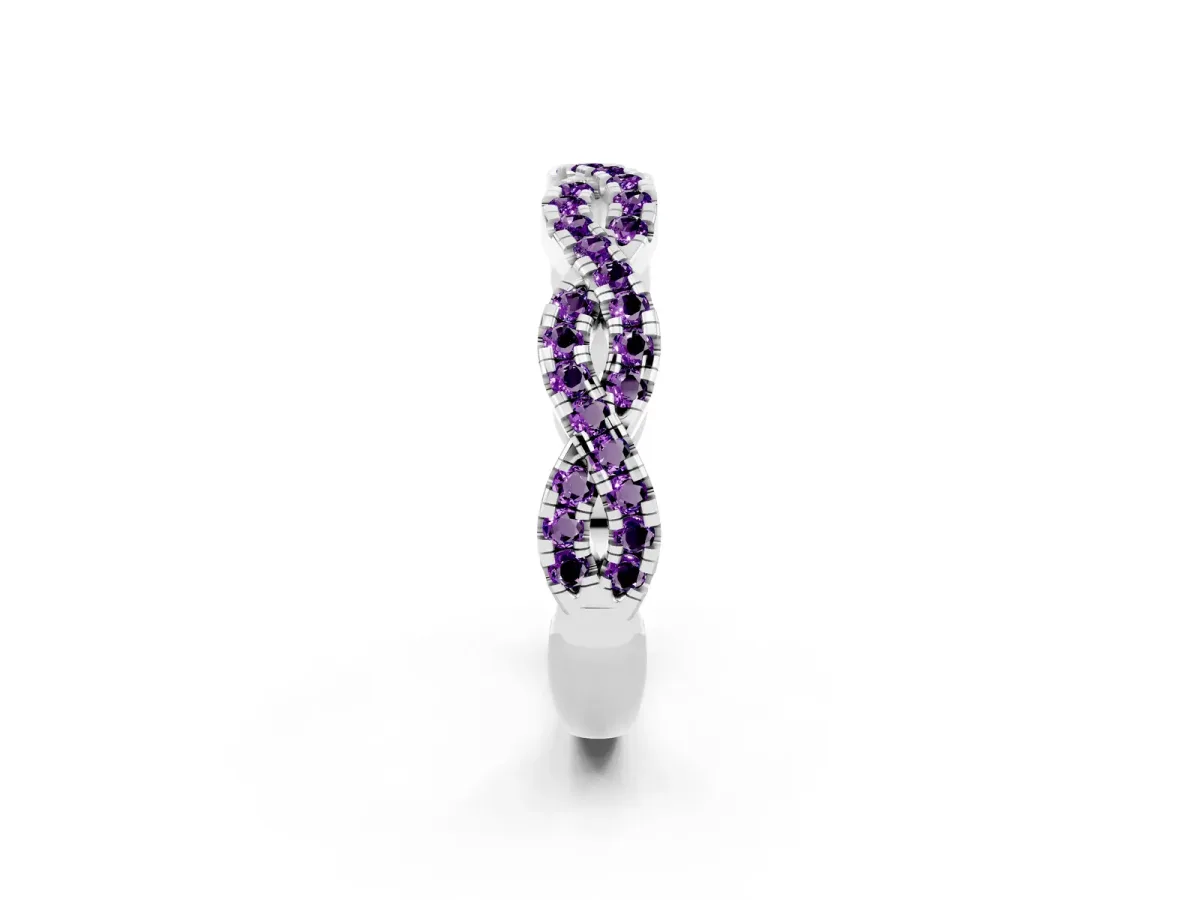 Round Amethyst Twisted Eternity Band with Pavé and Shared Prong Setting Silver