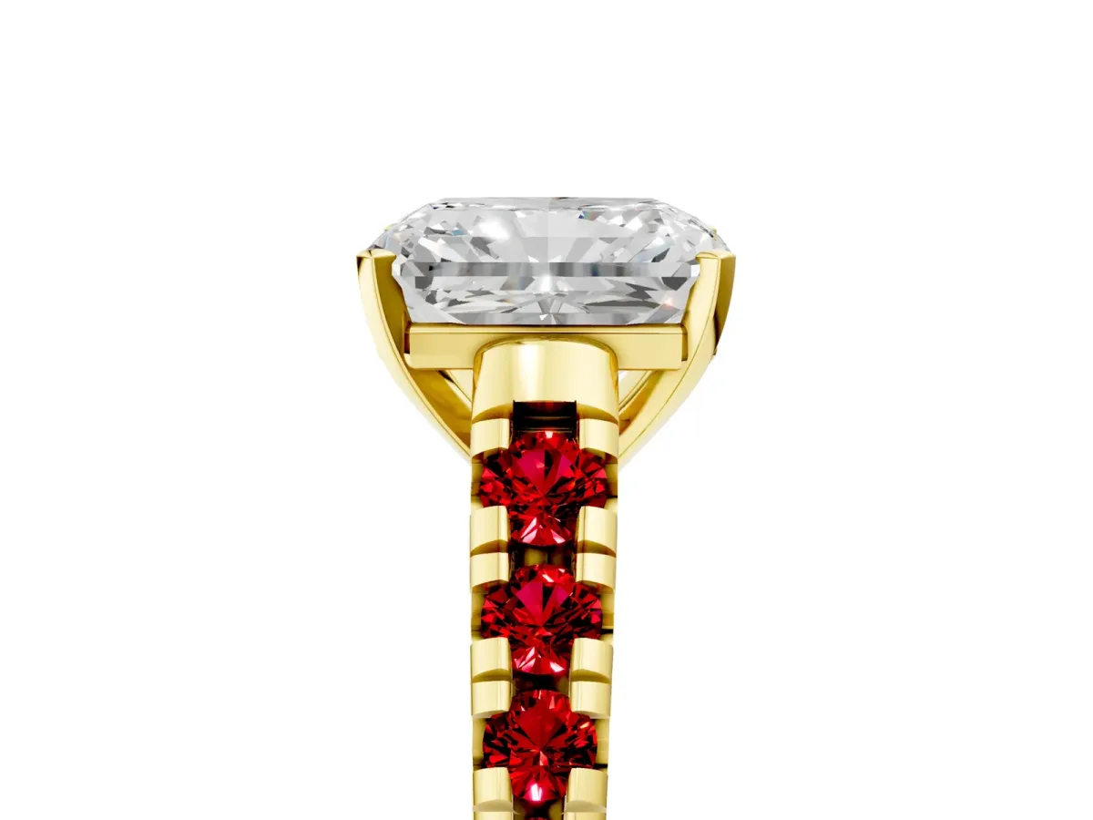 Radiant Cut Diamond Cathedral Solitaire Ring with Round Ruby Pavé Band Yellow gold
