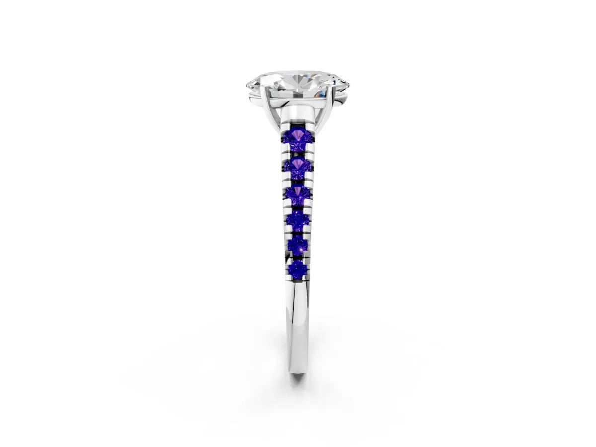 Oval Cut Diamond Cathedral Solitaire Ring with Round Tanzanite Pavé Band Silver