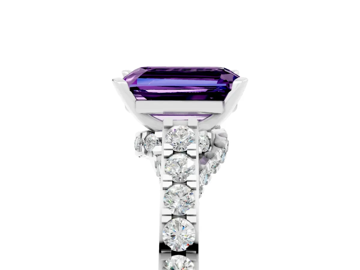 Emerald Cut Amethyst Solitaire Ring with Crossover Gallery and Round Pavé Band Platinum
