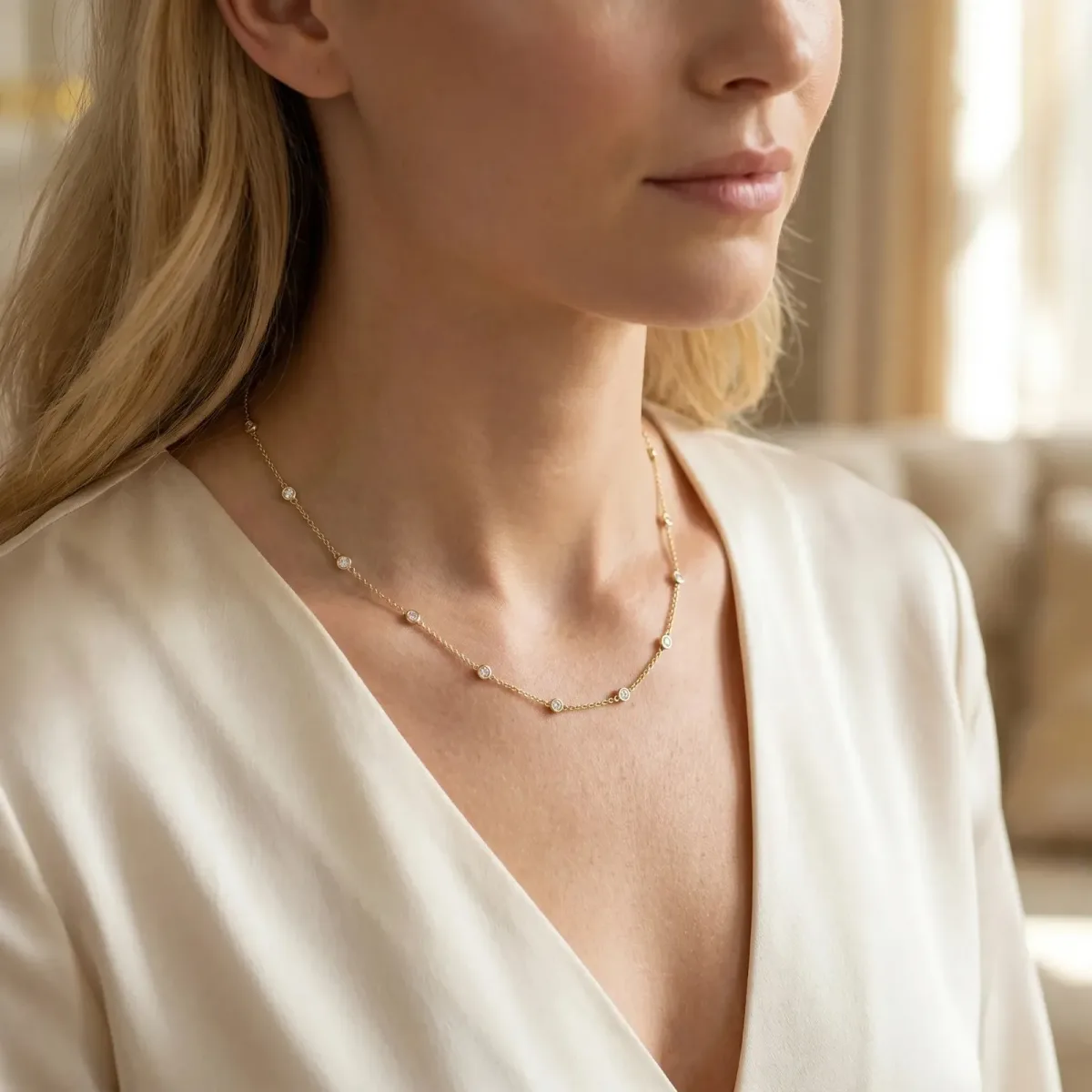 Bezel-Set Round Diamond Station Necklace Yellow gold