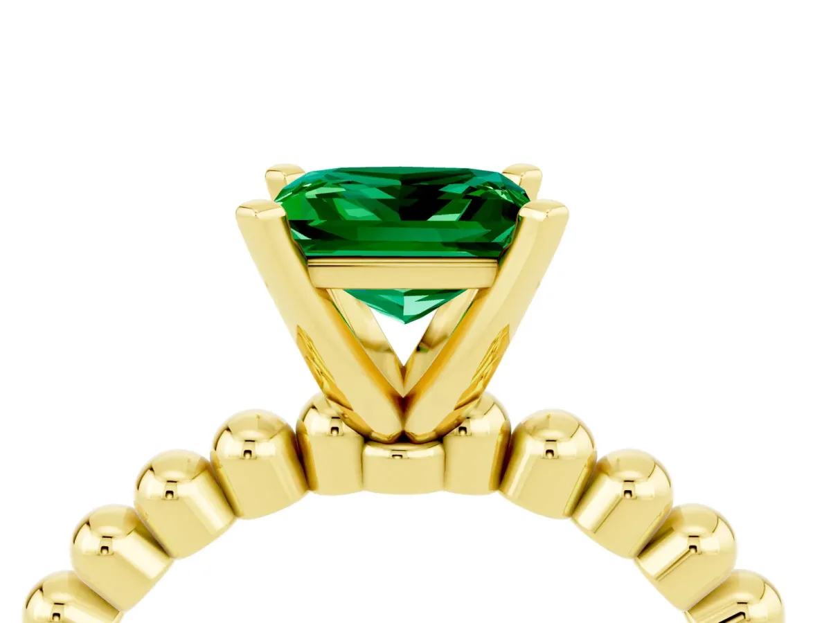 Princess Cut Emerald Solitaire Ring with Beaded Band and Prong Setting Yellow gold