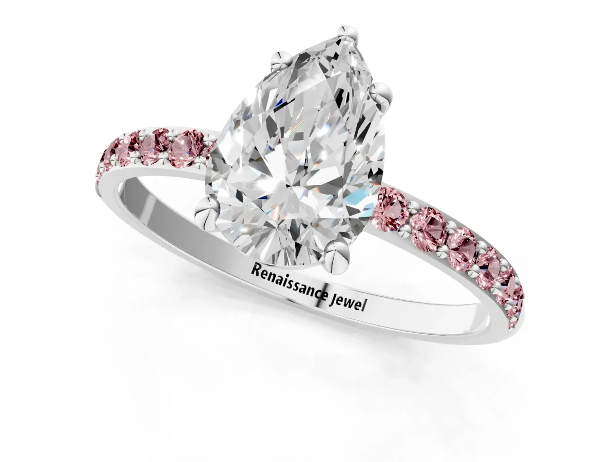Pear Cut Diamond Solitaire Ring with Round Morganite Pavé Band and Prong Setting Silver