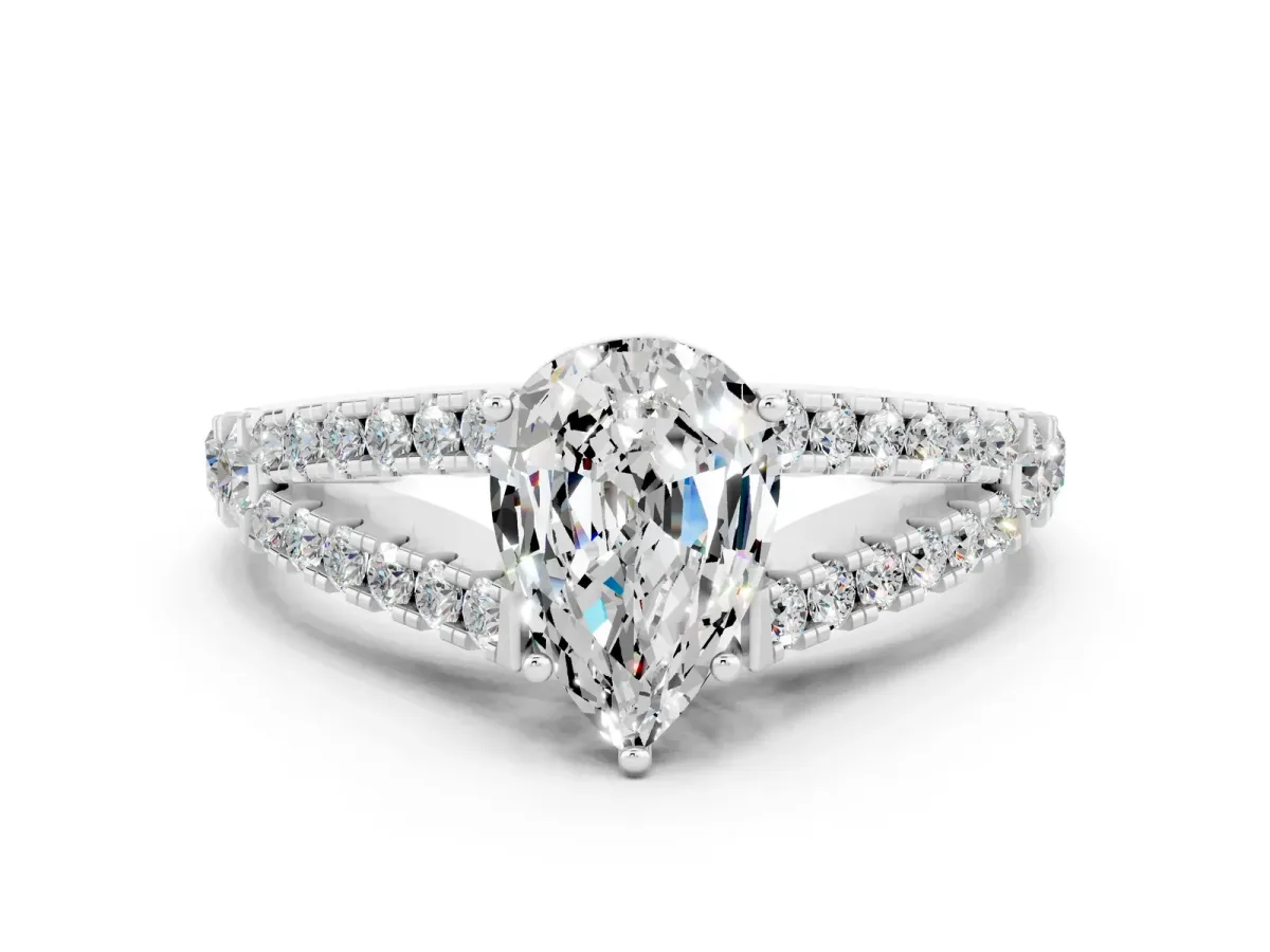 Pear Cut Moissanite Split Shank Engagement Ring with Round Pavé and Prong Setting Platinum