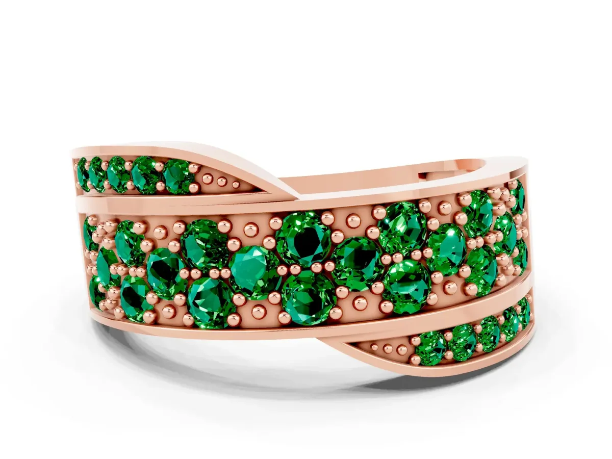 Pavé Round Emerald Crossover Band with Bead Prong Setting Rose gold