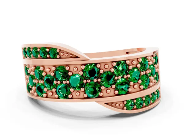 Pavé Round Emerald Crossover Band with Bead Prong Setting Rose gold
