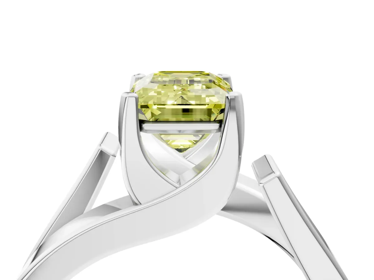 Fancy Yellow Modern Tension Set Emerald Cut Diamond Solitaire Wide Band Ring Silver