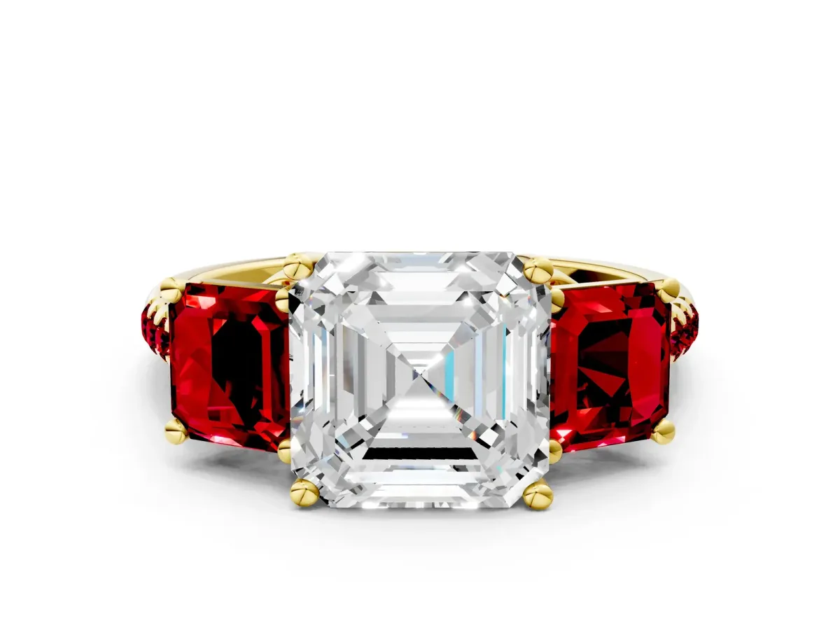 Three-Stone Asscher Cut Diamond Ring with Round Ruby Pavé Band and Prong Setting Yellow gold
