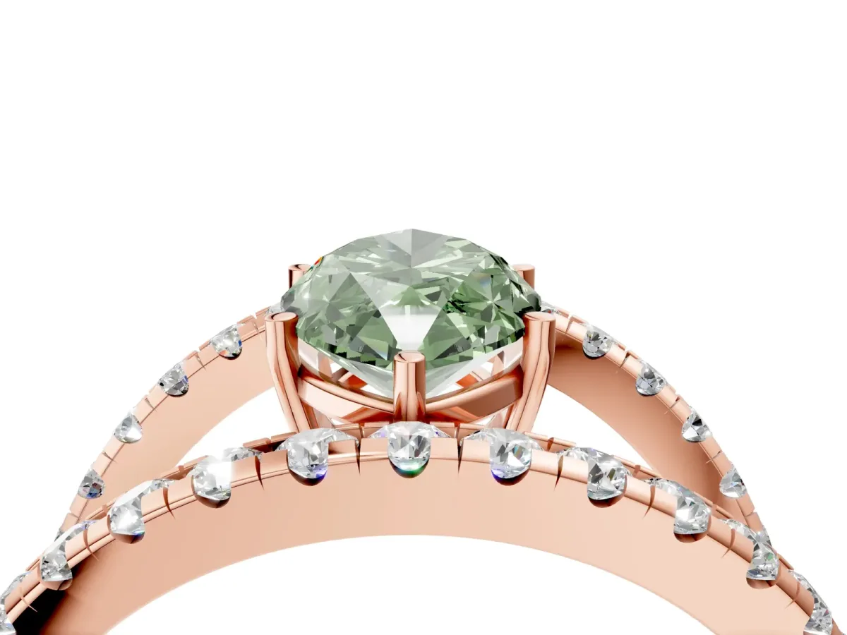 Fancy Green Marquise Cut Solitaire Split Shank Pave Diamond Ring Rose gold