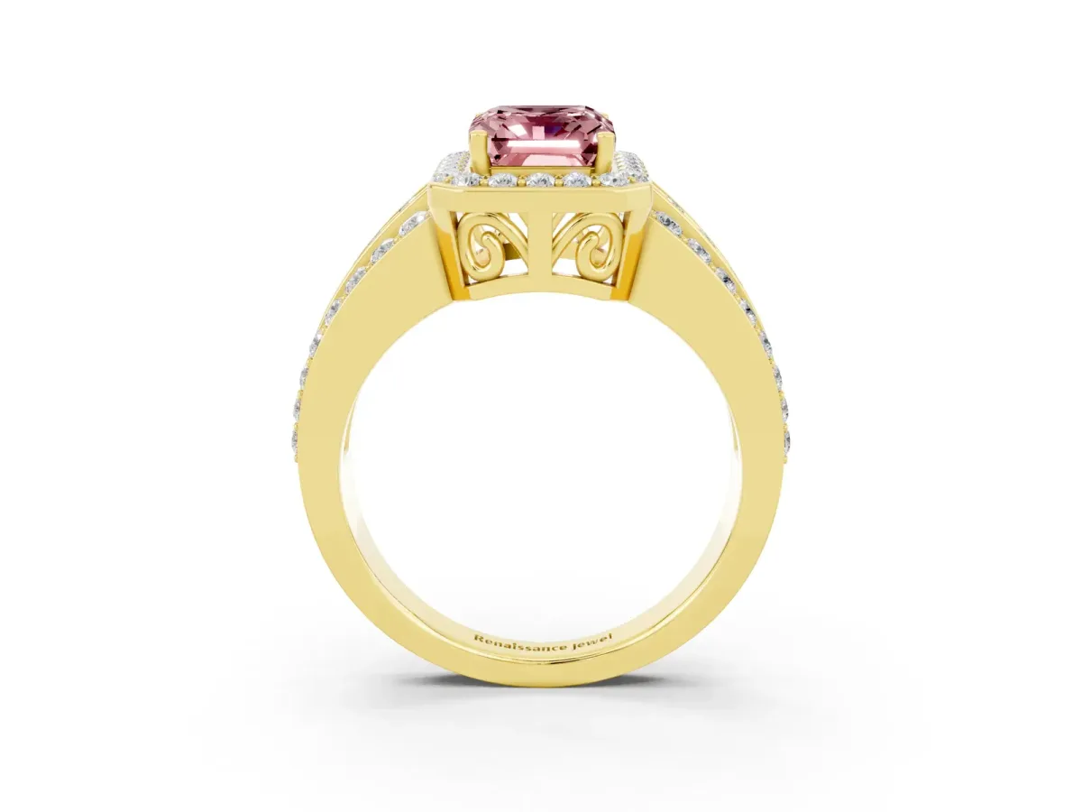 Emerald Cut Halo Morganite Ring with Round Split Shank and Prong Setting Yellow gold
