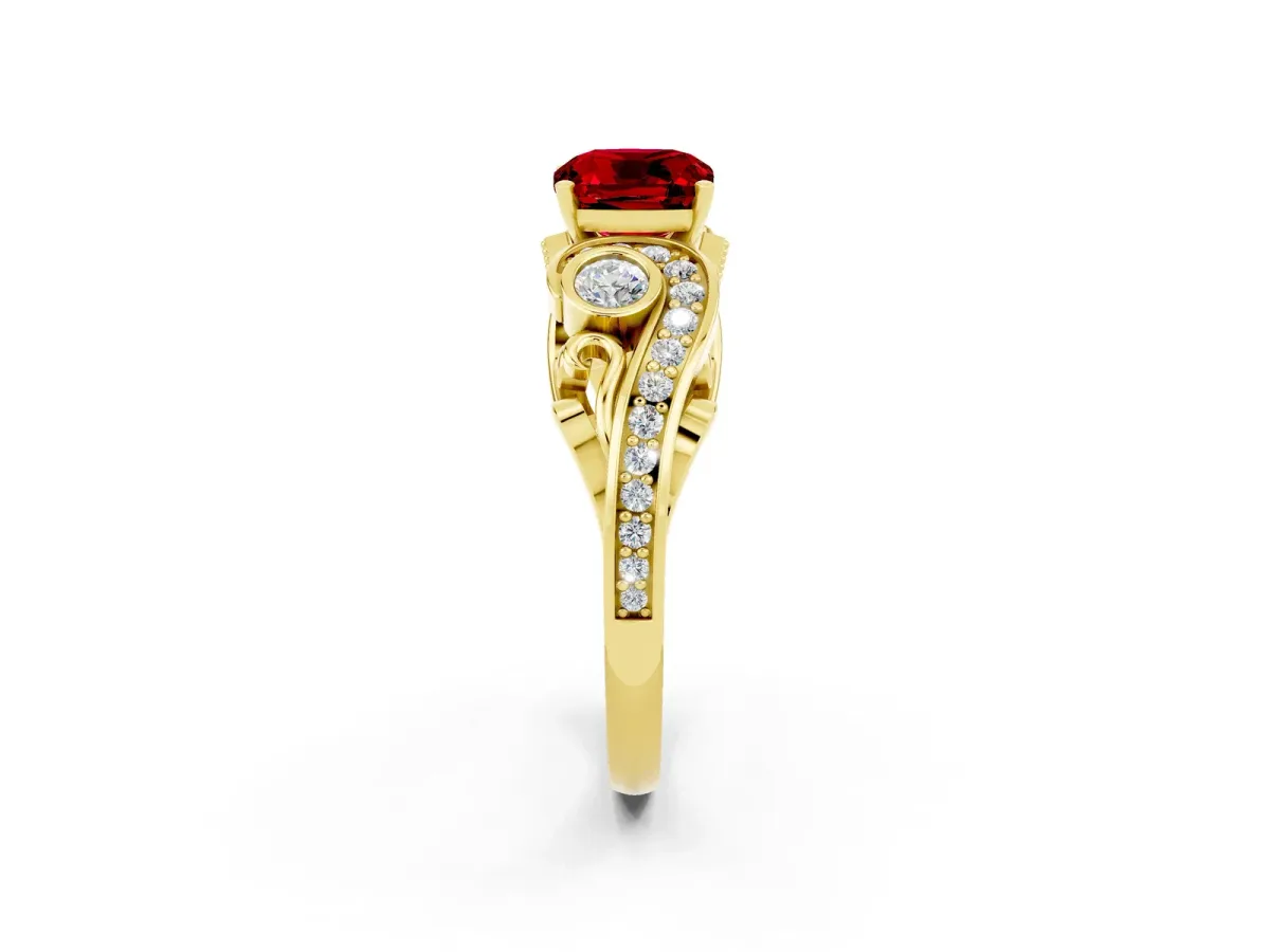 Cushion Cut Ruby Solitaire Ring with Milgrain Pavé Band and Four-Prong Setting Yellow gold