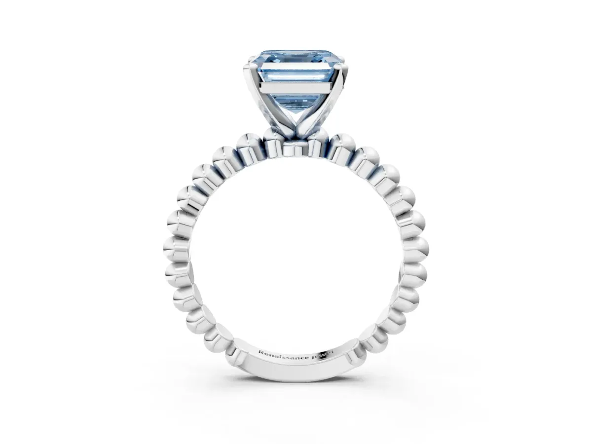 Fancy Blue Asscher Cut Diamond Solitaire Ring with Beaded Band and Prong Setting Silver