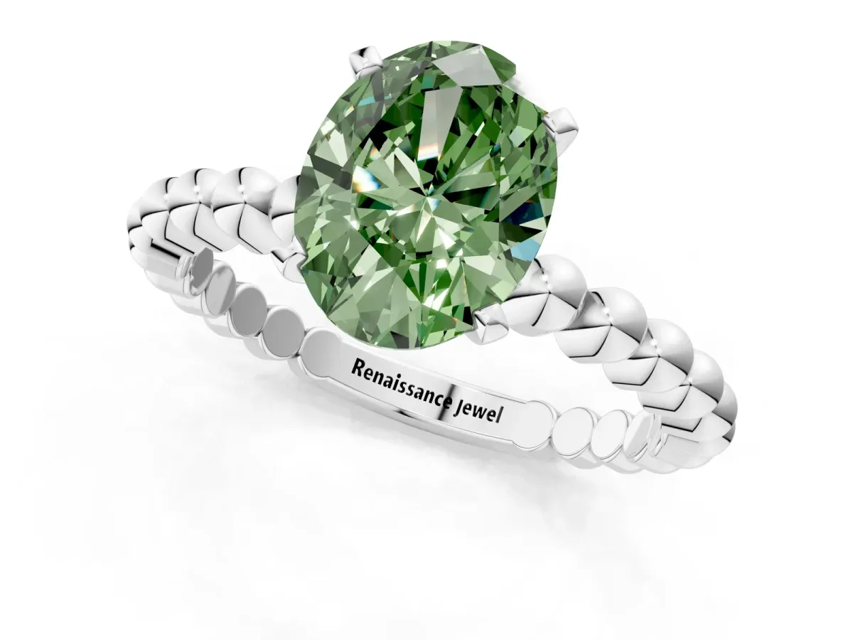 Fancy Green Oval Cut Diamond Solitaire Ring with Beaded Band and Prong Setting Silver