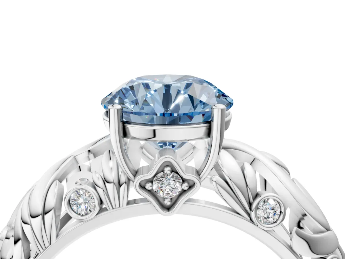 Fancy Blue Round Cut Solitaire Diamond Leaf-Inspired Vine Band Ring with Prong Setting Silver
