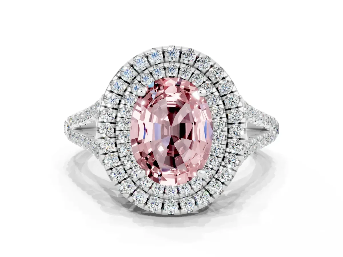 Oval Cut Morganite Double Halo Ring with Pavé Band and Prong Setting Silver