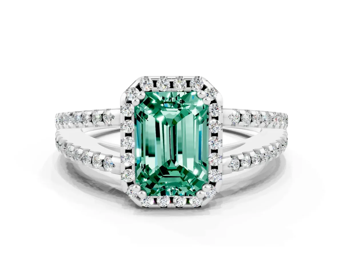 Emerald Cut Green Sapphire Halo Split Shank Engagement Ring Platinum