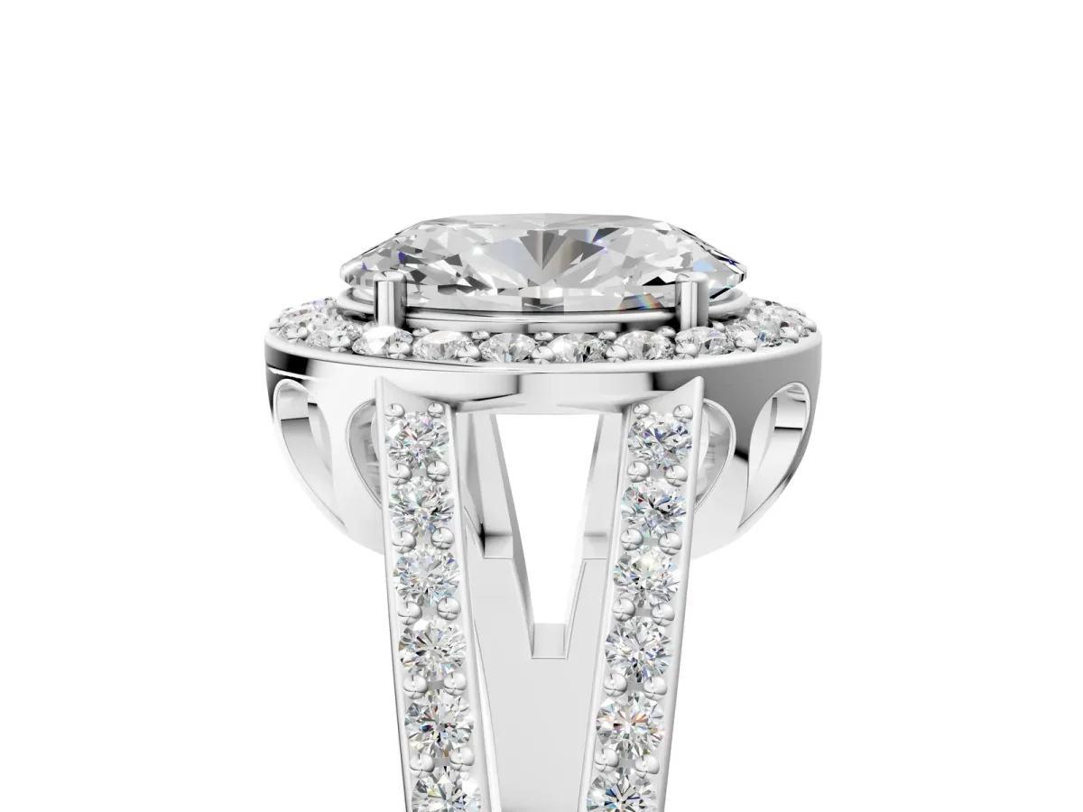 Oval Cut Diamond Halo Ring with Split Shank U-Prong Band and Four-Prong Setting Silver