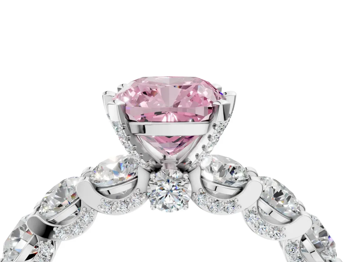 Fancy Pink Cushion Cut Diamond Side Stone Engagement Ring with Four-Prong Setting White gold