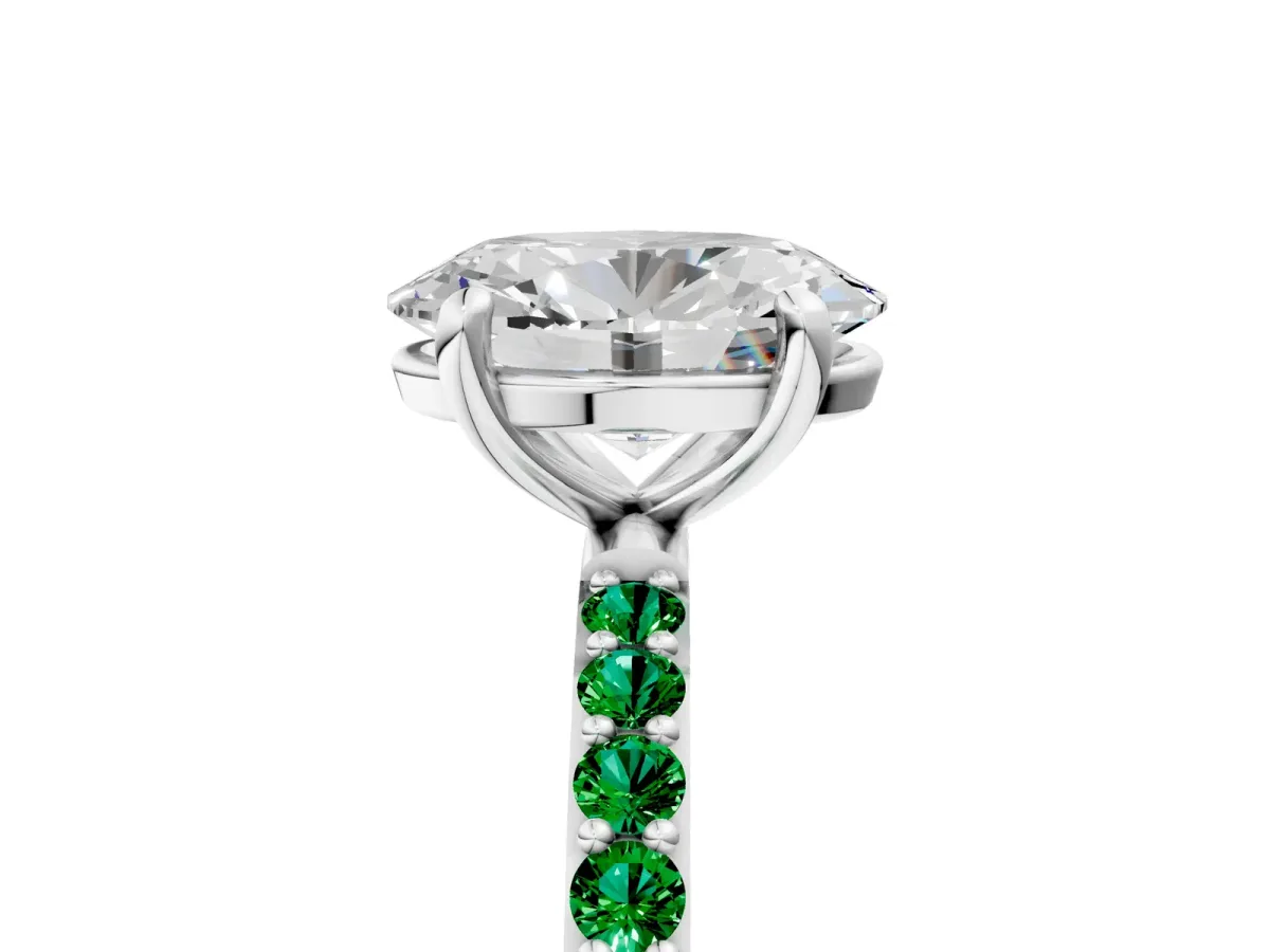 Oval Cut Diamond Solitaire Ring with Round Emerald Pavé Band and Prong Setting Platinum