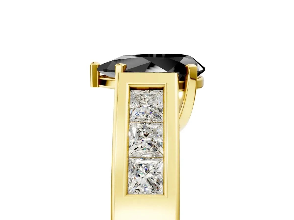 Fancy Black Pear Cut Cut Channel Set Solitaire Ring with Four-Prong Setting Yellow gold