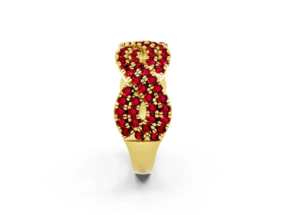 Pavé Round Ruby Infinity Twist Band with Shared Prong Setting Yellow gold