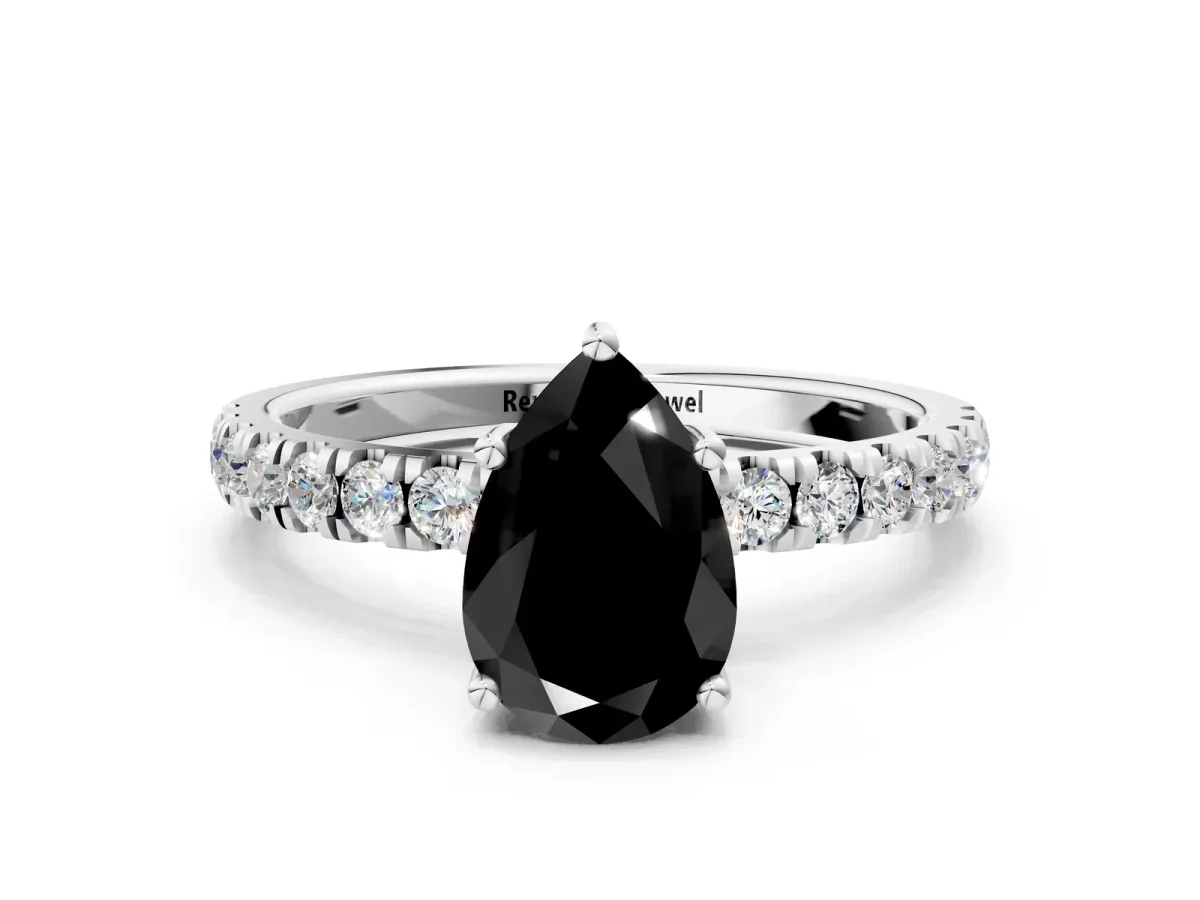 Fancy Black Pear Cut Diamond Pave Band Solitaire Ring with Round and Prong Setting Silver