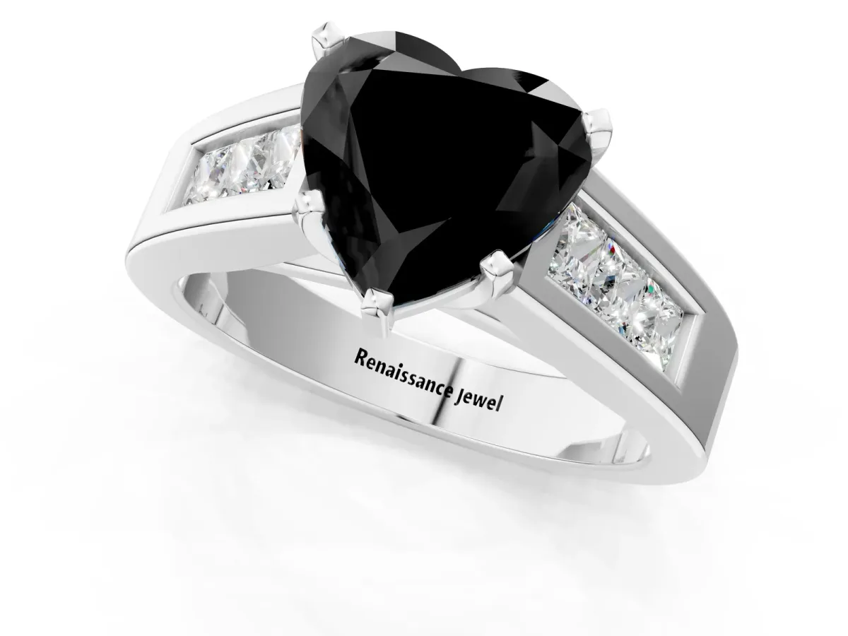Fancy Black Heart Cut Cut Channel Set Solitaire Ring with Four-Prong Setting Silver