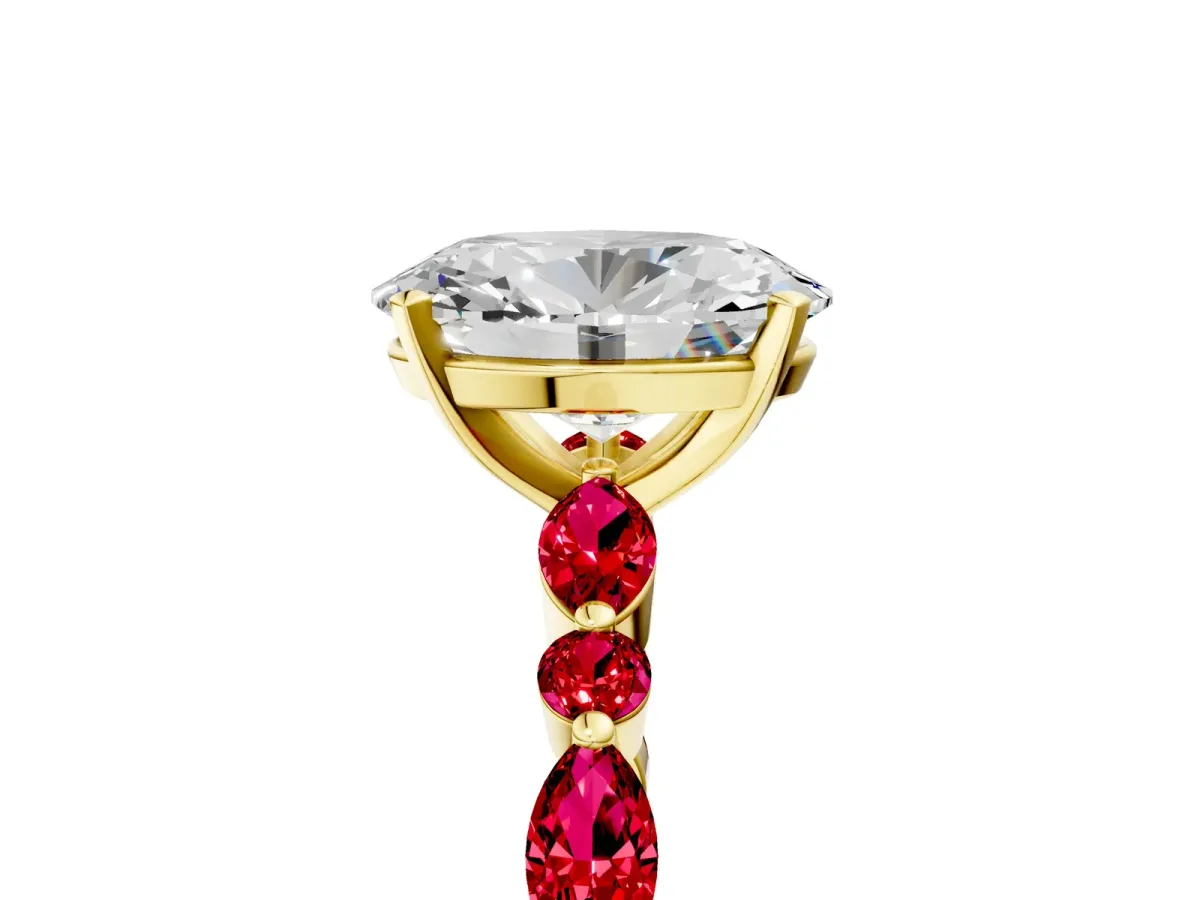 Oval Cut Diamond Ring with Marquise and Round Ruby Side Stones and Four-Prong Setting Yellow gold