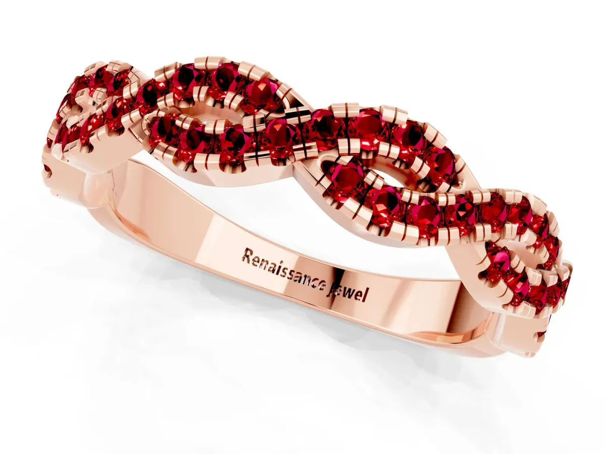 Round Ruby Twisted Eternity Band with Pavé and Shared Prong Setting Rose gold