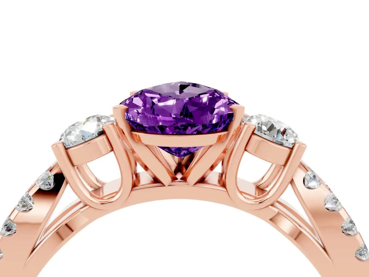 Pear Cut Amethyst Three-Stone Ring with Pavé Split Shank and Four-Prong Setting Rose gold