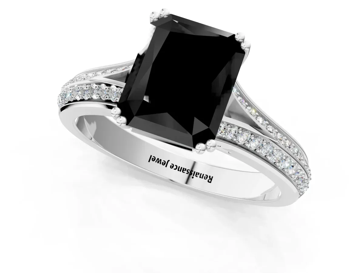 Fancy Black Radiant Cut Diamond Split Shank Engagement Ring with Pavé Band Platinum