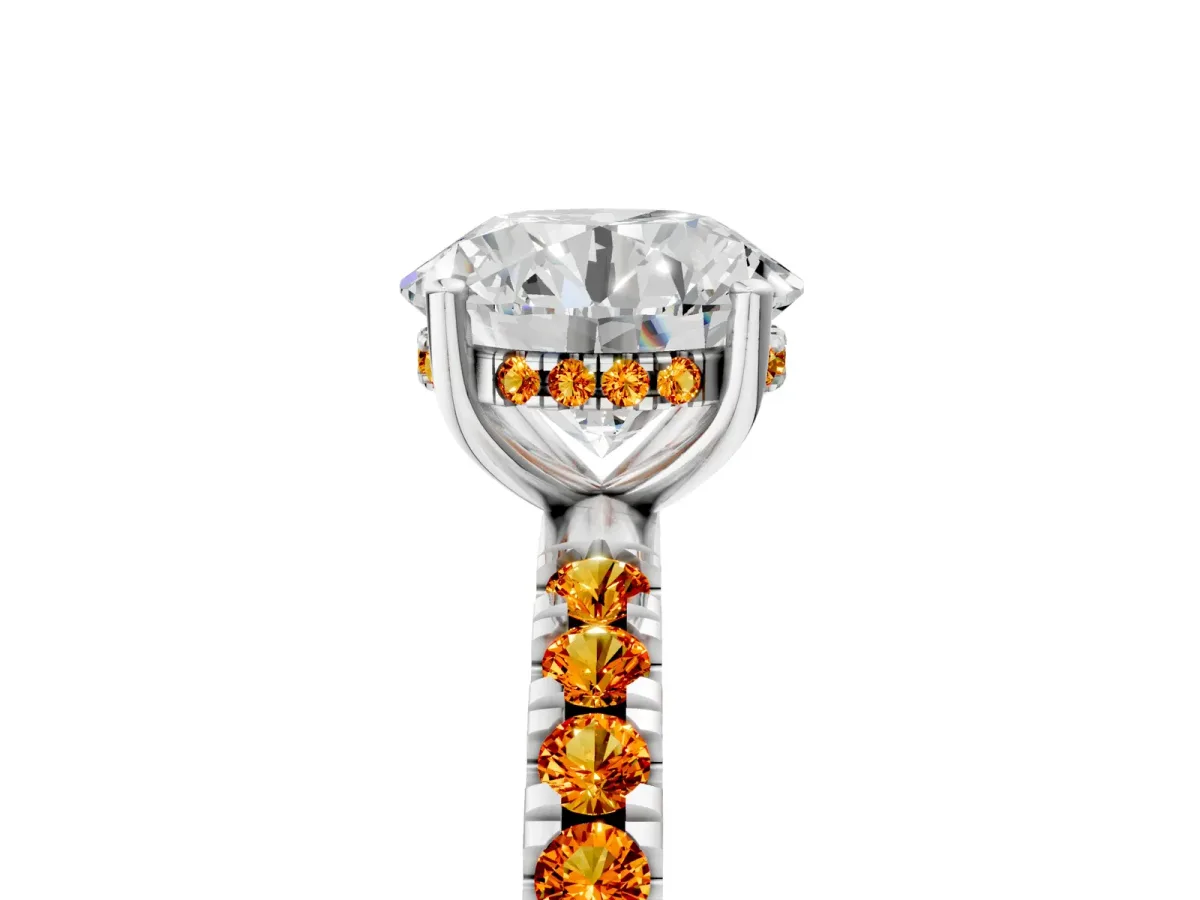 Round Cut Diamond Pave Band Solitaire Ring with Round Citrine and Prong Setting Platinum