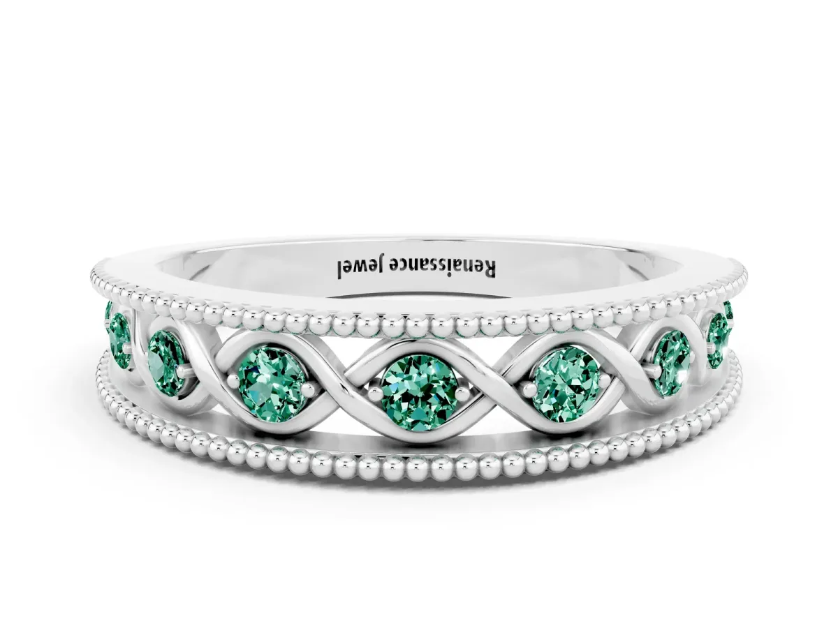 Round Green Sapphire Twist Milgrain Band with Bezel Setting Platinum