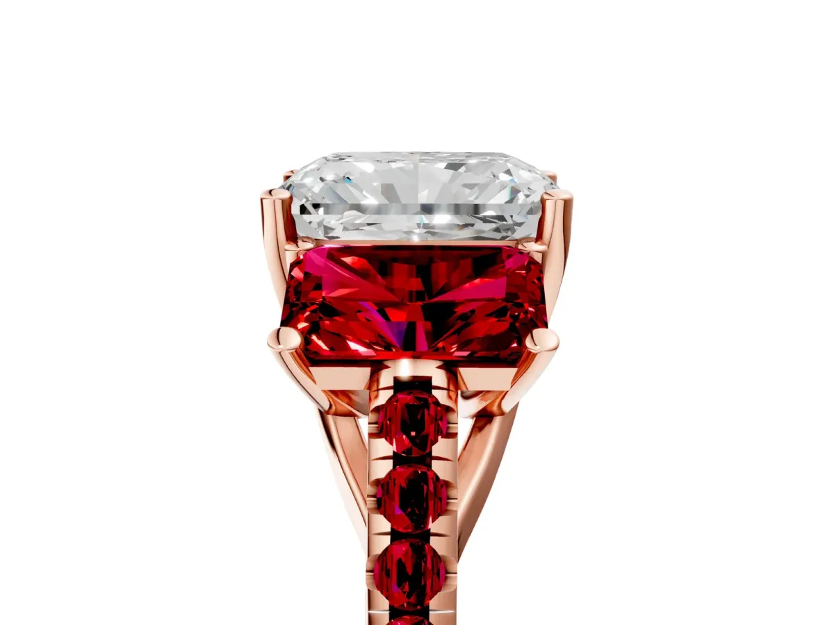Three-Stone Radiant Cut Diamond Ring with Round Ruby Pavé Band and Prong Setting Rose gold